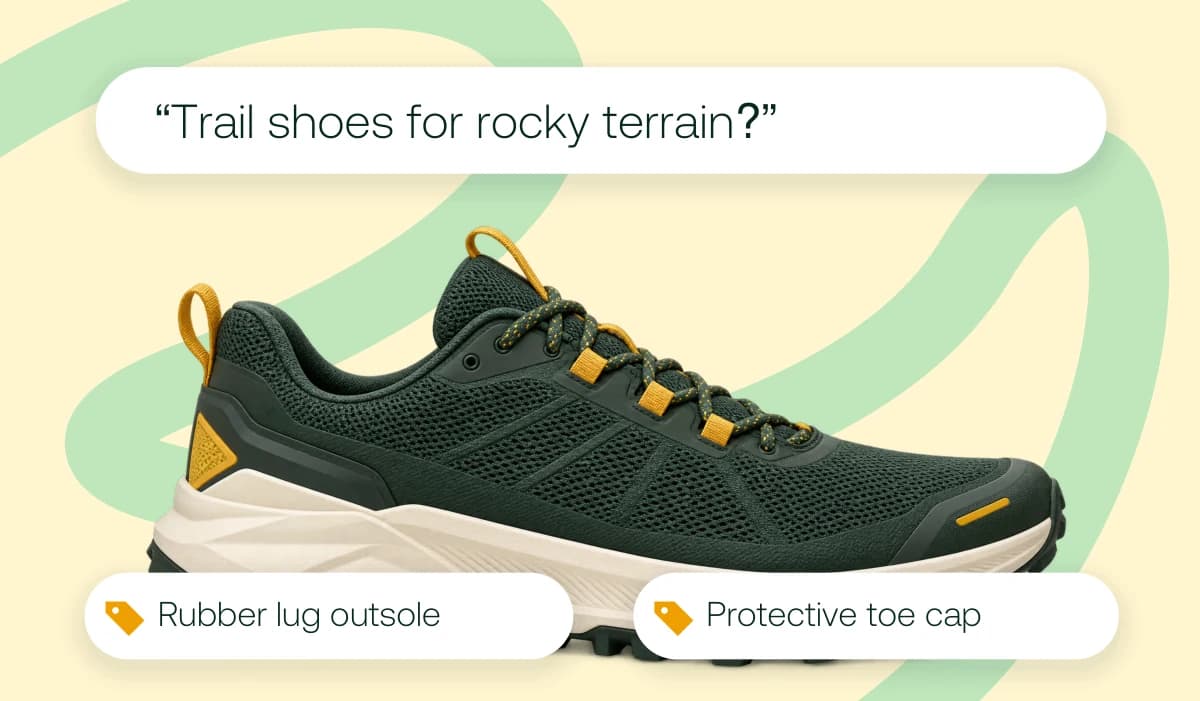 A trail-shoe query for rocky terrain connects with a rubber lug outsole and protective toe cap.