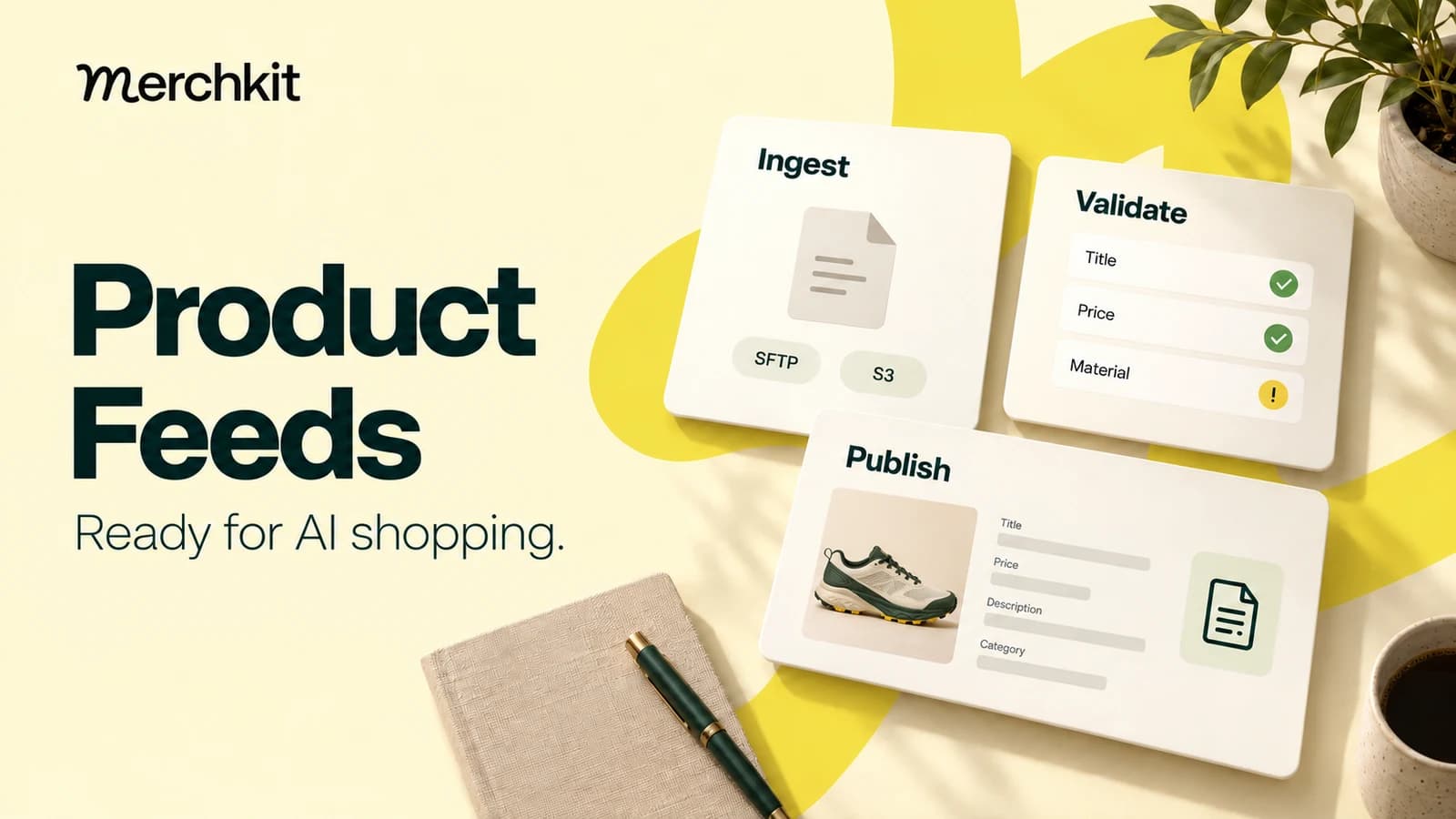 Merchkit Product Feeds for AI shopping, with supplier file ingestion, attribute validation, and a trail-running shoe illustrating configurable feed publishing.