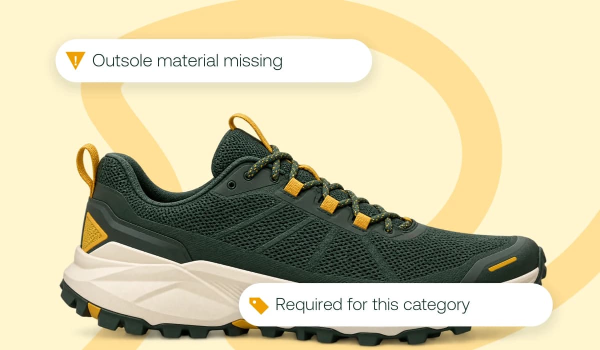 A trail-running shoe highlights missing outsole material required by a configured category rule.
